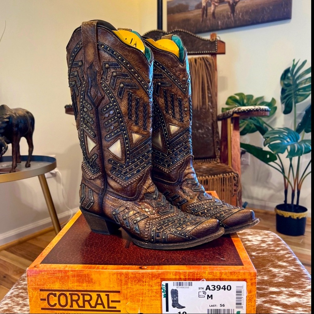 Corral Cowgirl Boot w/ Tobacco Overlay & Studs BOHO